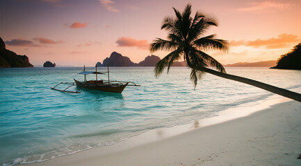 Naklejka premium Secret lagoon beach in el nido, philippines at sunset featuring a tropical setting with a boat, palm tree, and orange skies. Perfect for travel websites and vacation brochures.