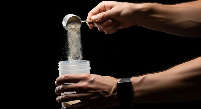 Protein powder being poured into a shaker cup by a persons hands against a black background.