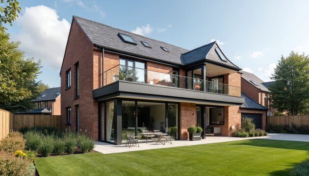 Modern UK house with brick and glass exterior design features a balcony and large windows. Well kept green lawn and garden surrounds the property. This luxury residence offers suburban living space.