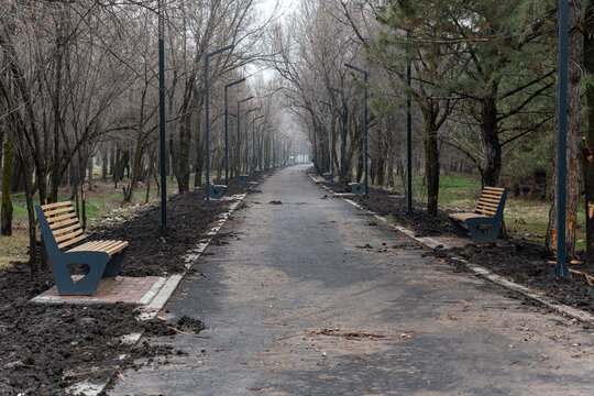 A newly renovated park pathway with modern streetlights and wooden benches. The ground around the new installations is bare earth, indicating ongoing landscaping and early spring season.