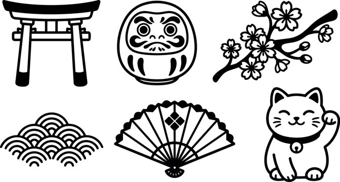 Line art vector icons of japanese torii gate daruma cherry blossom seigaiha fan and maneki neko black outline icon