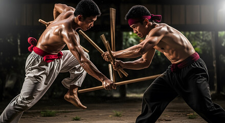 Fototapeta premium Close up view of two shirtless practitioners demonstrating a rhythmic and intense combat dance with wooden staffs