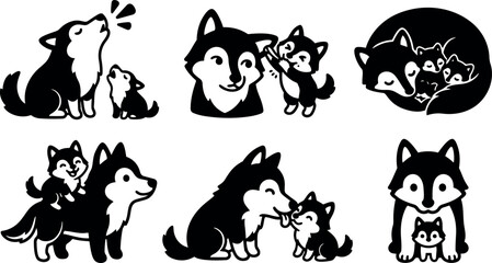 Fototapeta premium Flat design playful husky mother and puppy icons set close up various poses smiling howling sleeping cuddling simple monochrome cute