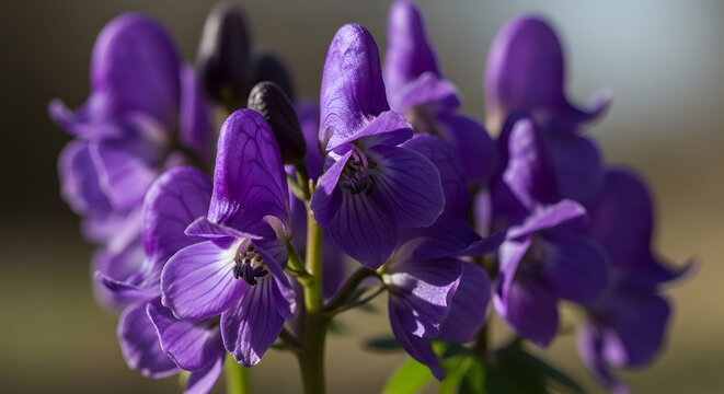 A close up shot of vibrant purple blooming wildflowers with unique hooded shapes on a green stem