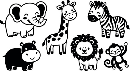 Fototapeta premium Whimsical kids doodle close up set of six smiling cute safari animals black and white flat vector line arranged art