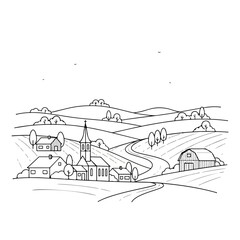 Fototapeta premium Rural Landscape with Church and Farm Buildings in Simple Line Art Style