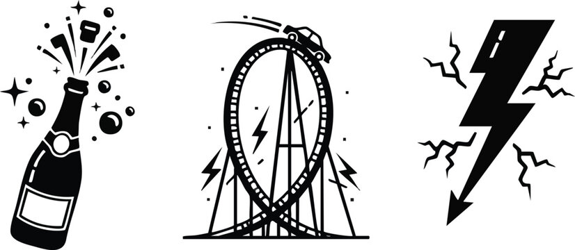 High Energy and Celebration Vector Pack - Popping Champagne Bottle, Roller Coaster Loop, and Lightning Bolt Icons