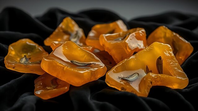 copal. Several raw amber copal resin pieces on black velvet with ancient inclusions. gardening catalogs, home-decor guides, designed for home decor and floral branding, used by video editors.