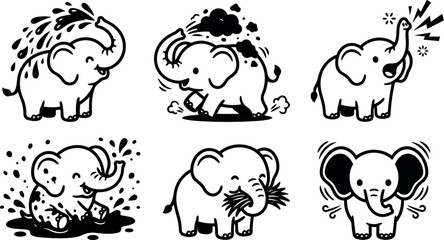 Line art playful elephant character set showing spraying bathing trumpeting sitting rolling and joyful cute poses in black and white
