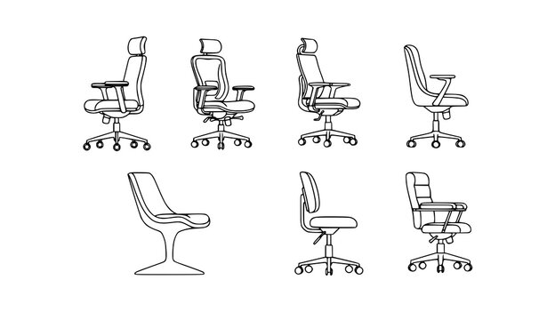 A set of office chairs in various positions and designs