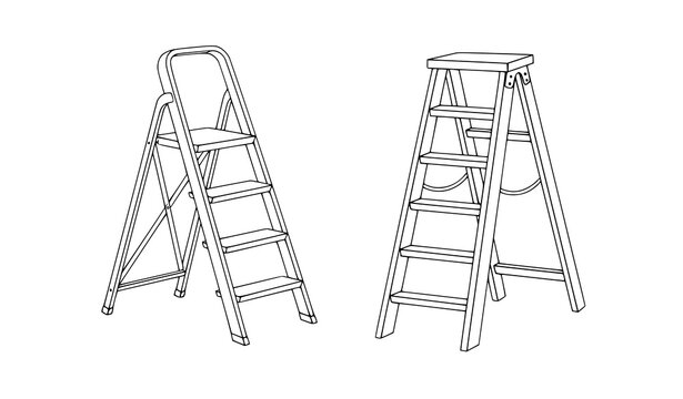 A minimalist line art illustration of two step ladders on a white background