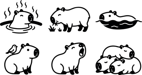 Obraz premium Flat line art capybara icons set six poses bathing grazing swimming with bird yawning and resting simple mascot vector illustration