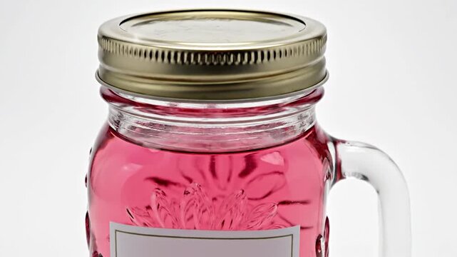 A clear glass mason jar filled with vibrant pink liquid and a blank label