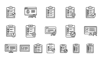 Fototapeta premium A set of line art icons depicting various checklist and clipboard designs