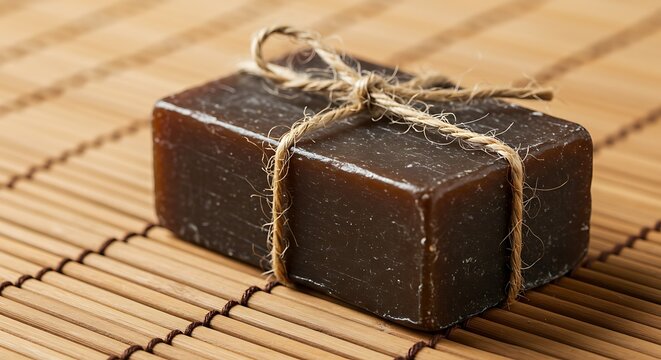 Dark chocolate bar tied with string on bamboo mat.