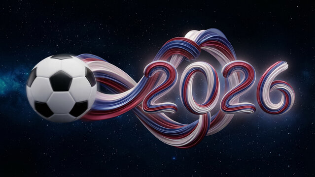 soccer ball following a trajectory of intertwined red white and blue ribbons forming an infinity loop around 2026 text on a starry background