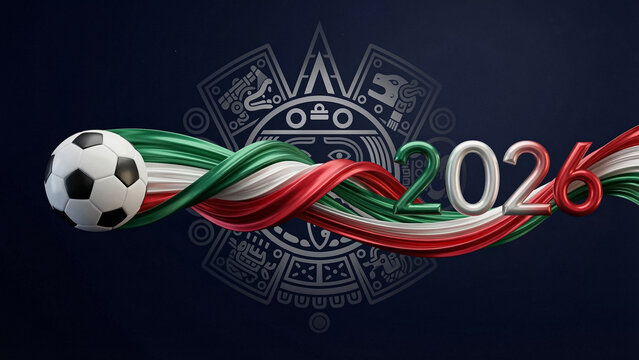 dynamic soccer ball with waving ribbons of the mexican flag on a dark background with an aztec calendar and number 2026. modern illustration of a global sports event.
