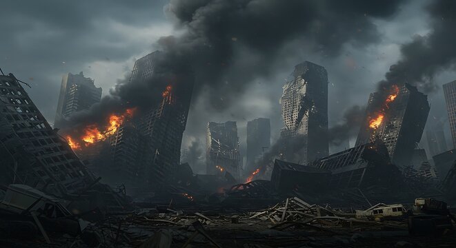 Dark Ruined Landscape with Firelit Crumbling Monuments.