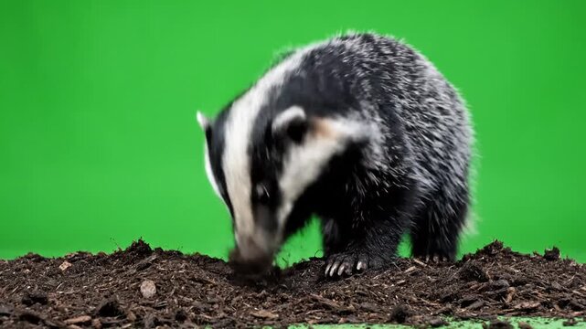 A European badger with distinctive black and white stripes actively digging in a mound of brown soil against a vibrant green screen background.