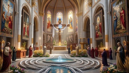 Obraz premium Interior of a church with religious figures and colorful stained glass windows during a worship service