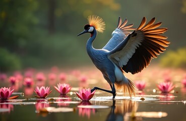 Fototapeta premium Grey crowned crane bird walks in water amongst pink water lilies at sunset. Bird has golden crown and spread wings. Nature and wildlife scene.