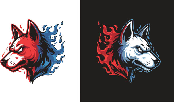 Two fierce wolf head illustrations with contrasting red and blue flame effects, one on a white background and the other on a dark background, showcasing aggressive mascot designs.