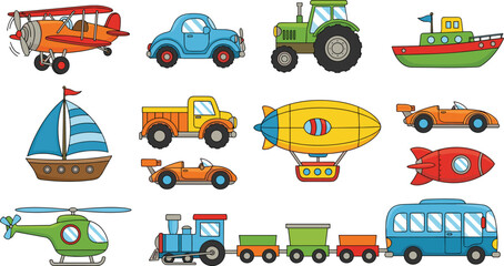 Naklejka premium Colorful Transportation Vehicle Icon Collection with Airplane Helicopter Train Tractor Boat Car Rocket and Travel Transport Vector Illustration.