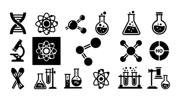 A set of black and white vector icons depicting various science and chemistry symbols