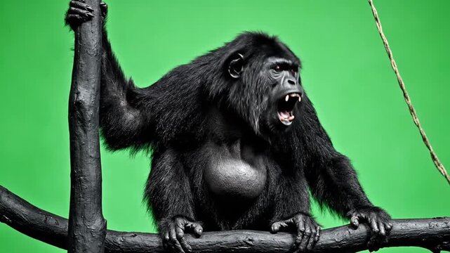 A black ape with its mouth open, appearing to roar or vocalize, sitting on a dark branch against a vibrant green background.