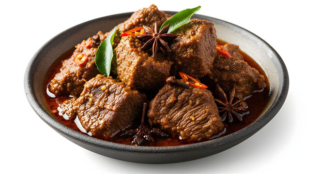Slow-cooked Indonesian beef rendang with rich spices and dark caramelized texture