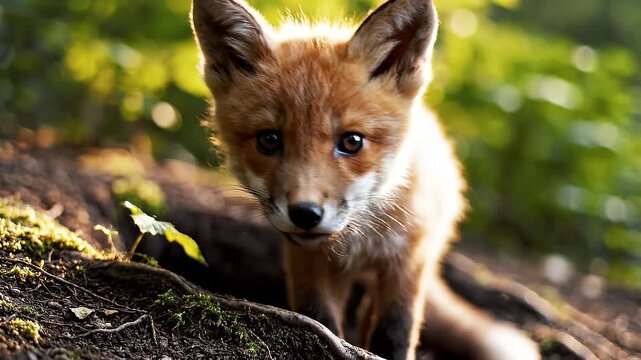 Cute Red Fox Kit Resting in Forest Under the Sunlight