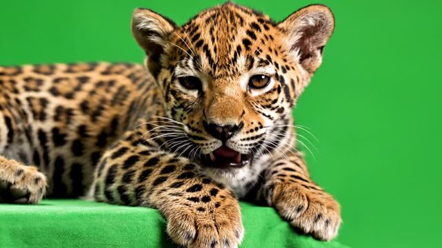 Close-up of an adorable jaguar cub with spotted fur lying down against a vibrant green background, looking directly at the viewer.