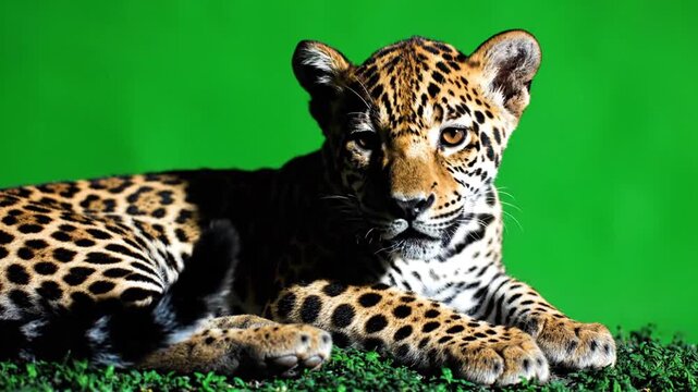 Close-up portrait of a young jaguar cub with spotted fur lying on green grass against a vibrant green background, looking directly at the camera.