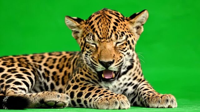 Close-up of a young jaguar cub with spotted fur lying down against a vibrant green screen background, eyes squinted and mouth open.