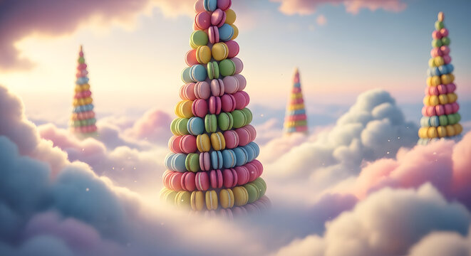 Surreal landscape featuring tall stacks of sweet french macarons emerging from thick colorful clouds at sunset