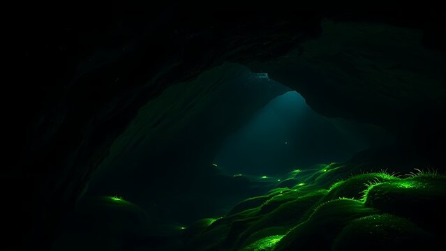 elongation. A dark underground cavern with glowing moss on wet walls. ESG reports, sustainability campaigns, designed for environmental awareness campaigns.