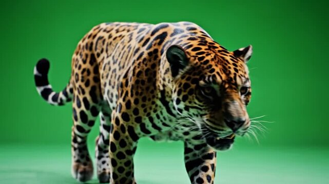 A majestic jaguar with a spotted coat walks forward against a vibrant green screen background, showcasing its powerful presence and detailed fur.