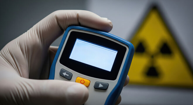 Gloved Hand Holding Radiation Detector Near Nuclear Warning Sign