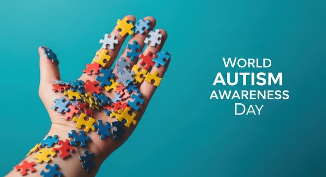Hand with colorful puzzle pieces for world autism awareness day on blue background