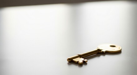 Close up of a golden key on a white surface symbolizing the key to business success and financial security.