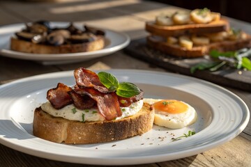 Delicious savory breakfast toast with crispy bacon strips, a generous dollop of fluffy scrambled egg, and a perfectly cooked sunny-side-up fried egg served on a pristine white plate, offering a gourme