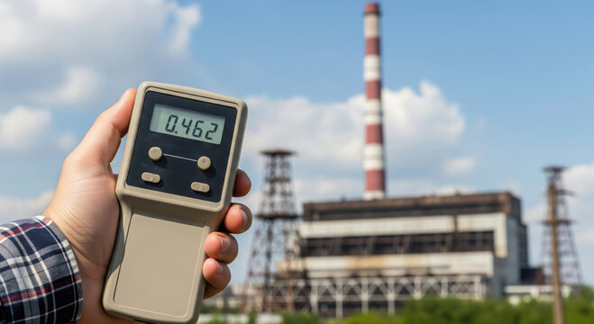 Hand holding Geiger counter displaying radiation level near industrial plant