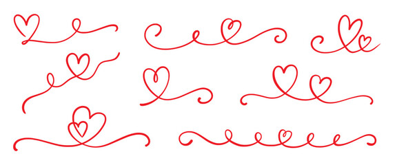 Heart line love set. Heart line outline swirl ribbon calligraphy hand drawn red element design wedding graphic vector. Romantic doodle brush flourish elegant border love shapes. Vector illustration