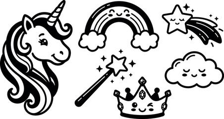 Fototapeta premium Kawaii line art sticker set close up unicorn head rainbow wand crown smiling cloud shooting star cute vector black outline