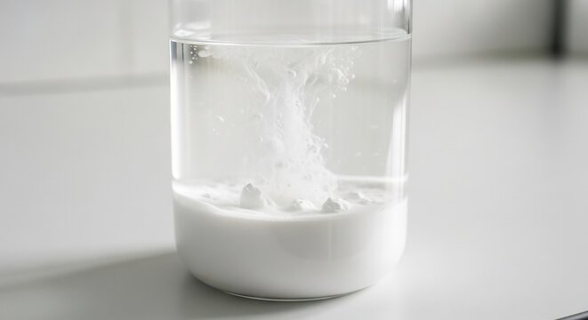 Close up of a clear glass with white powder dissolving in water.