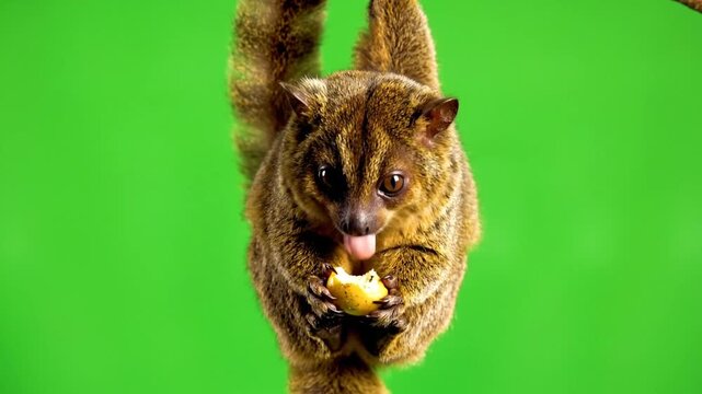 A cute brown kinkajou hanging upside down and eating a yellow fruit with its tongue out against a green background.