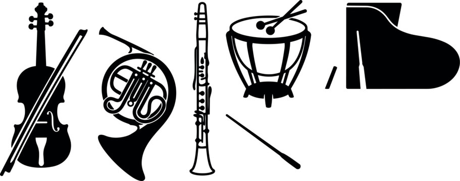 Flat design orchestral instrument silhouettes left to right violin with bow french horn clarinet timpani baton and grand piano detailed