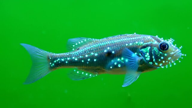 A close-up shot of a fish with numerous white spots, possibly indicating a parasitic infection, swimming in a vibrant green aquatic environment.