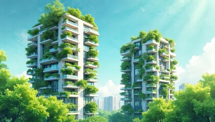 Fototapeta premium Modern apartment buildings feature abundant green spaces on balconies and rooftops. Lush plants and trees integrate nature into urban living, creating eco-friendly high-rises.