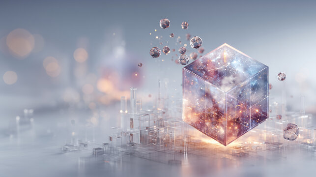 Futuristic glowing data cube containing a cosmic network on a microchip base representing AI core and big data processing